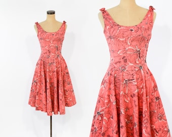 1940s Coral Cotton Summer Dress, Extra Small