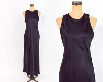 1990er Jahre Schwarzes verspieltes Ärmelloses Kleid | Langes Satin Slip Dress