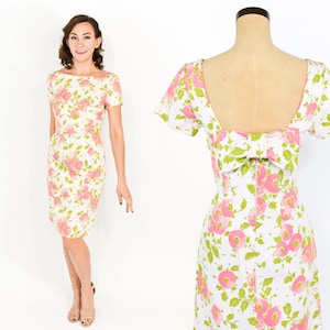 Vestido con estampado de rosas rosas de los años 50, talla pequeña