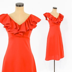 1960s Orange Ruffle Party Dress, Small