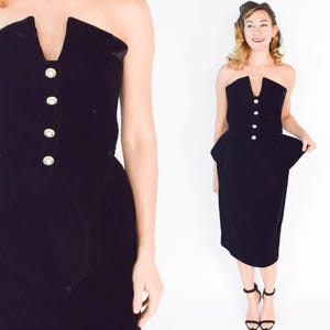 Victor Costa Black Velvet Dress 1980s Strapless Peplum Velvet Party Dress