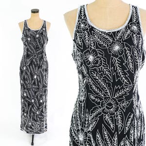 1990s Black Silk Beaded Party Dress