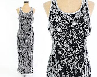 1990s Black Silk Beaded Party Dress