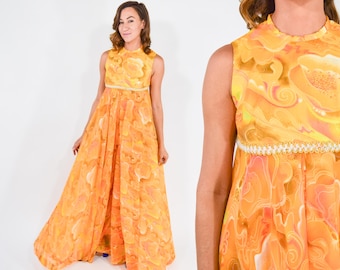 1960er Jahre Orange Blumen Jumpsuit, Medium