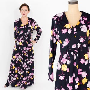 1970s Black Purple Floral Print Maxi Dress XL