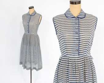 1940 年代のブルー ストライプ ドレス | ミッドセンチュリーのシアー ストライプ デイ ドレス