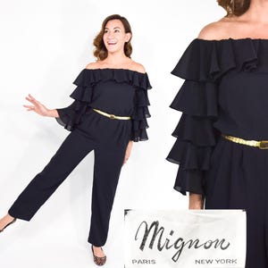 1970s Mignon Black Off Shoulder Jumpsuit, Small