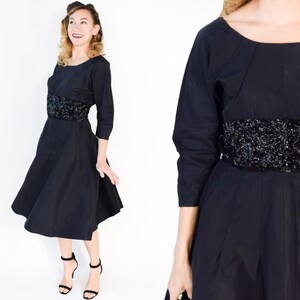 1940s Black Sequin Party Dress Large