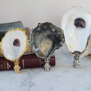 May include: Three oyster shell lamp finials with gold, silver, and nickel finishes. The oyster shells are natural and have a variety of colors and textures.