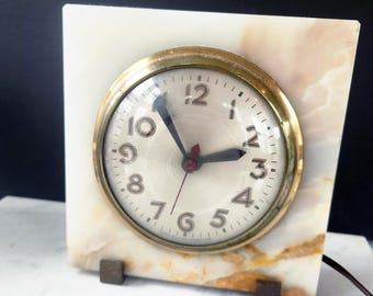 Art Deco Onyx Desk Clock by Sessions – 1930s Electric Clock, Brass Bezel, Vintage Stone Mantle Clock, 6.25” Height