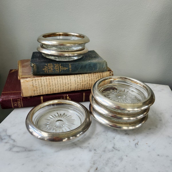 Vintage Italian Crystal and Silver Drink Cocktail Coasters for Barware by Leonard- Set of 6