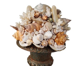 Seashell and Cast Iron Urn Sculpture Topiary Table Centerpiece | Coast Grandma Table Décor Coffee Table Beach Coastal Bride and Groom Table