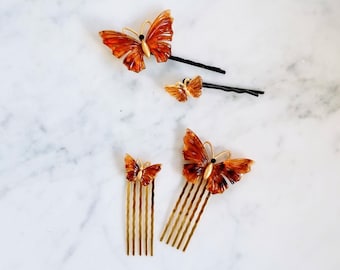 Amber Butterfly hair accessories, Hair Comb Set, Stocking Stuffer Ideas, Butterfly hair pin and bobby pin, prom hair pins, flower girl hair