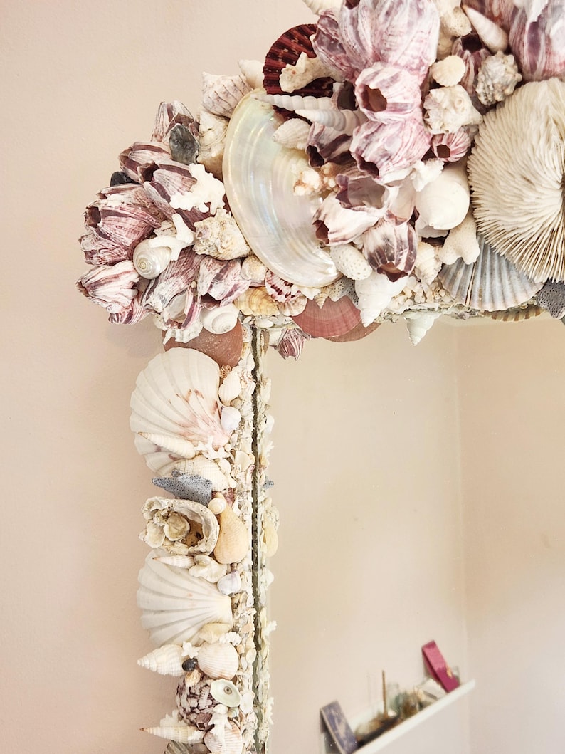 Sea shell and barnacle, coral, mother of pearl mirror.  hand made in Connecticut