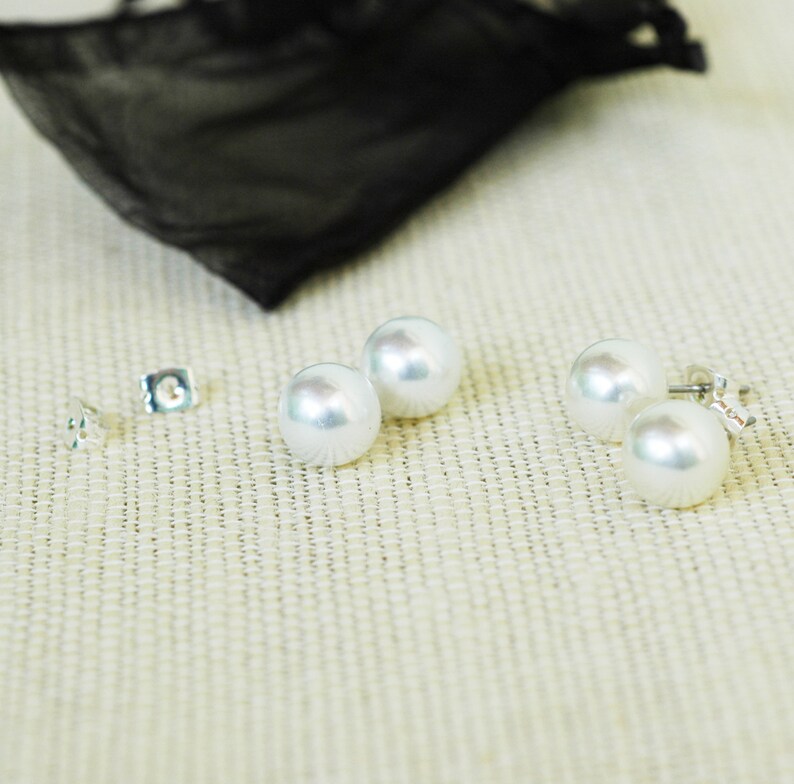 Set of 2 Simple Classic 10mm Pearl Stud Earrings for Bridesmaids Matron of Honor and Wedding Party Bridal Jewelry image 3