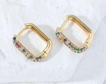 Petite Multi Color Gemstone Huggies Hoop Earrings Dainty Rectangle Hoops, Perfect Hostess Gift, Stocking Stuffer, Minimalist Jewelry Earring