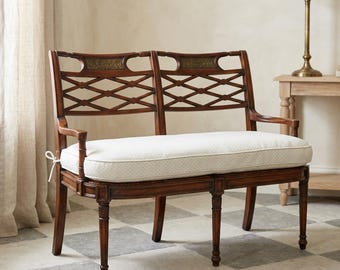 Vintage Regency Cane Settee Loveseat, Faux Bamboo Wood Bench, Lattice Back, Reversible Down Cushion, 48 Inch