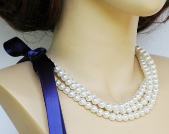 Set of 5 - Samantha - Perfect Bridesmaid Necklace-Custom Triple Strand Pearl Necklace w/Ribbon Tie WEDDING JEWELRY