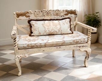 Vintage French Country Carved Wood Settee, Distressed Cream Painted Bench With Custom Toile Cushion & Pillow, Cottage Shabby Chic Loveseat