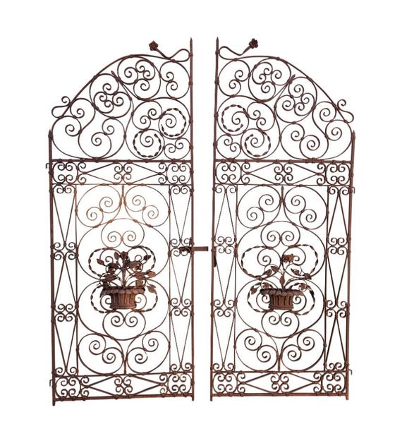 Vintage Wrought Iron Garden Gates, Floral Scrollwork, Architectural Salvage