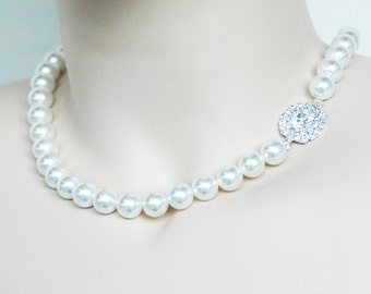 Pearl Samples - Perfect Bridesmaid Necklace-Pearl Necklace w/Ribbon Tie Rhinestone WEDDING JEWELRY Maid of HONOR