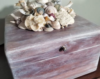 Coastal Grandma Sea Shell-Encrusted Wooden Box | Sea shell Table Décor | Beach Coastal Table Décor Cremation Urn New England