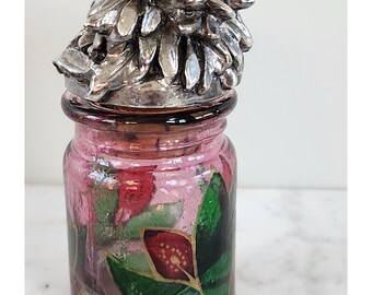 Vintage Hand Painted Small Bottle With Flower, Silver Stopper Wenk, Silverware Design Signed, Dressing Table Jar, Snuff Jar, Cranberry Glass