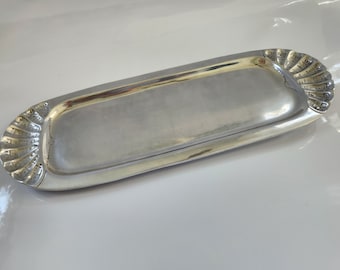 Long Narrow Pewter Serving Platter with Scallop Motif Sea Shell Pattern Handles, Pewter Platter Coastal Home Table Setting