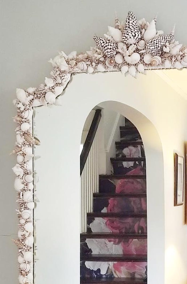 handmade sea shell encrusted mirror.  New England mirror with shells and corals