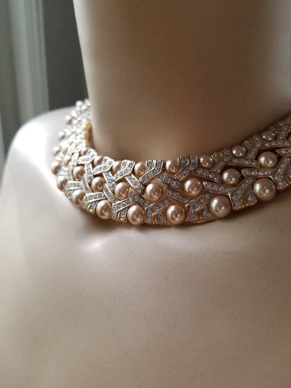 Pearl and Rhinestone Necklace Collar Necklace Wedding | Etsy