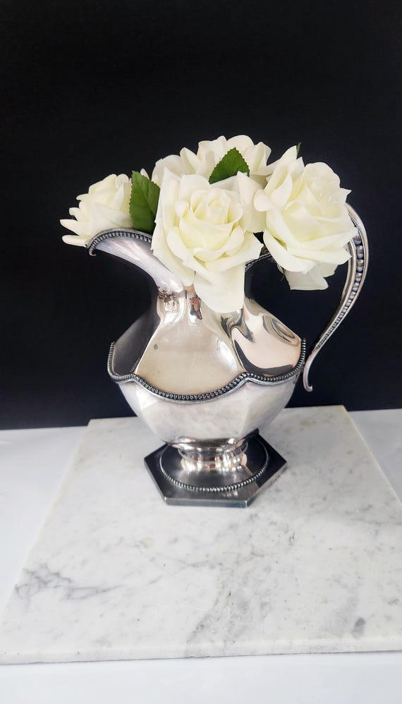 Antique Meriden Quadruple Silver Pitcher, Beaded Edge Silver Vase, Circa 1880, Kitchen Utensil Holder