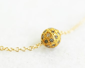 Gold Pave Ball Minimalist Raw Champagne Diamond Necklace Gold