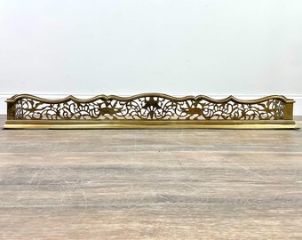 Vintage Brass Fireplace Fender Pierced Dragon Fretwork Scalloped Hearth Guard 49.5”