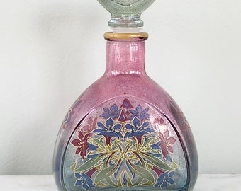 Italian Perfume Bottle, Colored Pink and Blue Glass w Floral Design and Topper