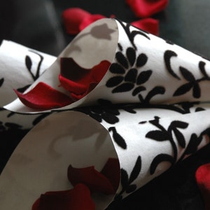 Black and White Petal Toss Cones, Candy Bar Cones, Black and White Velvet Petal Cones, Black and White Toss Wedding Cones, Set/50