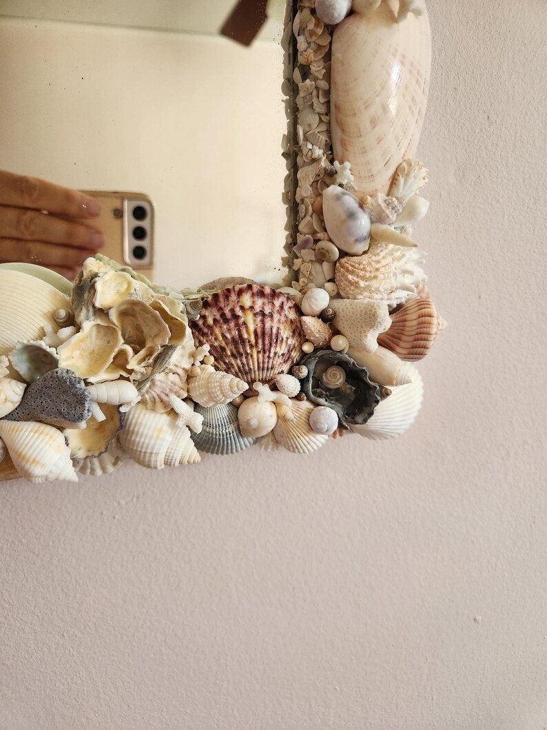 May include: A rectangular mirror with a frame intricately decorated with various seashells. The frame features a mix of colors, including white, beige, brown, and hints of purple. The seashells are of different sizes and shapes, creating a textured, coastal aesthetic.