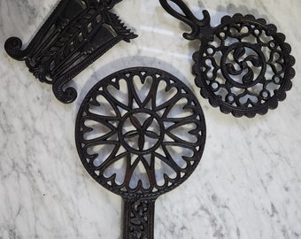 Trio of Cast Iron Trivets, Plant Base, Table Décor, Kitchen Wall Art, 3 piece set, Wilton, Grain & Tassel