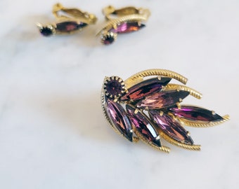 Vintage Amethyst and Gold Clip on Earrings and Matching Pin, Purple Rhinestone Clip on Earrings and Pin Set, Earring and Brooch Set