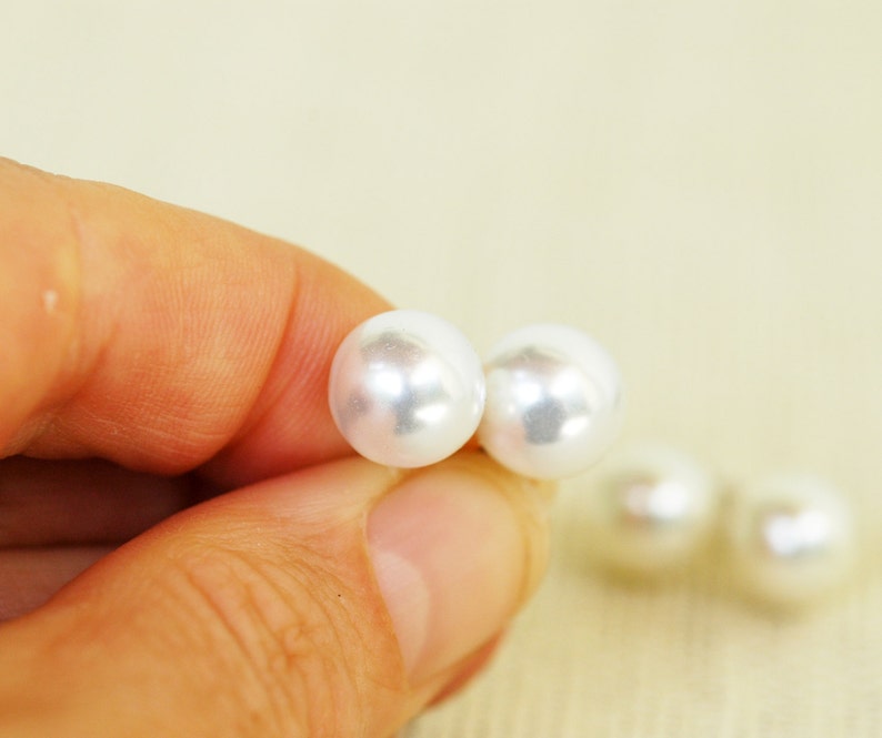 Set of 2 Simple Classic 10mm Pearl Stud Earrings for Bridesmaids Matron of Honor and Wedding Party Bridal Jewelry image 1