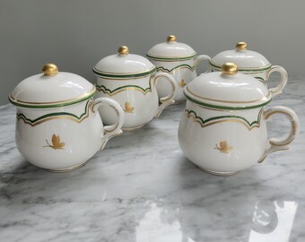 Vintage Richard Ginori Italy Pot De Creme, 5 Sets, Green, White and Gold, Mother's Day Gift, Hostess Gift, Dessert Service