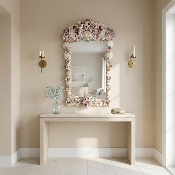 Seashell Encrusted Wall Mirror, Coastal Grandma Decor, Scallop Shell Accent