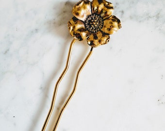 Brass Flower Hair Pin, Brass Grape Leaf Hair Pin - Hair Bun Clip Wedding day flower girl hair accessories