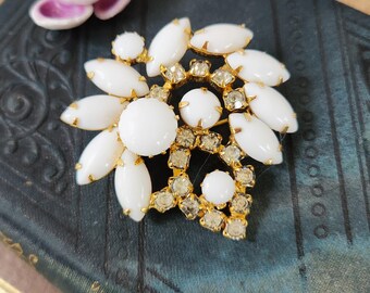 Vintage Milk Glass and Rhinestone Pin, Gold Tone Prong Set Opaque White Milk Glass Cabochons and Clear Rhinestones Spray Pin Brooch
