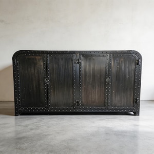 Industrial Riveted Metal Sideboard Cabinet, Black Iron Credenza with Rounded Corners, Vintage Industrial Storage Buffet Console, Gothic