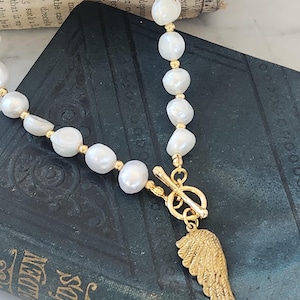 Angel Wing Necklace, Freshwater Pearls Necklace, Pearl Necklace w Angel Wing Pendant, Mothers Day Gift, Coastal Grandma Jewelry