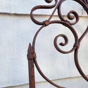 Pu&ograve; includere: Primo piano di una sezione di un cancello decorativo in ferro battuto. Il cancello presenta volute ornate e una finitura marrone arrugginita. Il design include linee curve e accenti appuntiti su sfondo bianco.