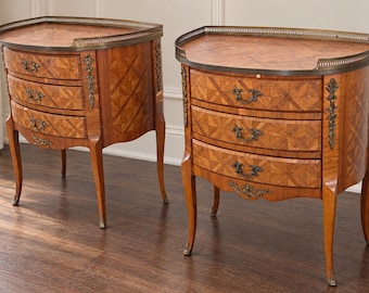 Vintage Italian Parquetry Nightstands, Pair of Louis XV Style Bedside Tables with Brass Galleries, Fratelli Romano