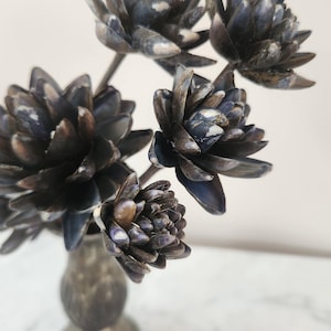 Könnte beinhalten: Nahaufnahme eines dekorativen Blumenarrangements. Das Arrangement zeigt mehrere dunkelblaue und braune Blumen mit strukturierten Blütenblättern, die in einer kleinen, strukturierten silbernen Vase präsentiert werden. Die Blumen sind auf einer weißen Marmoroberfläche angeordnet.