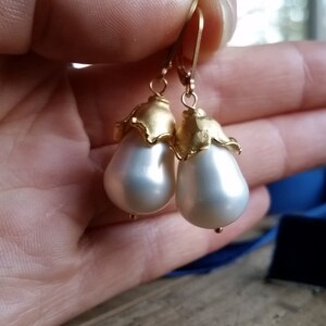 Freshwater Pearls Earrings for Holiday Gift Be Mine Valentines Day Pearl Earrings Pear Shaped Pearl Bridal Earrings with Turkish Gold Cap image 3