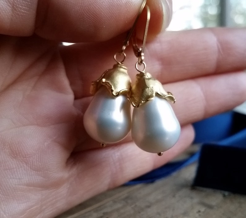 Freshwater Pearls Earrings for Holiday Gift Be Mine Valentines Day Pearl Earrings Pear Shaped Pearl Bridal Earrings with Turkish Gold Cap image 3